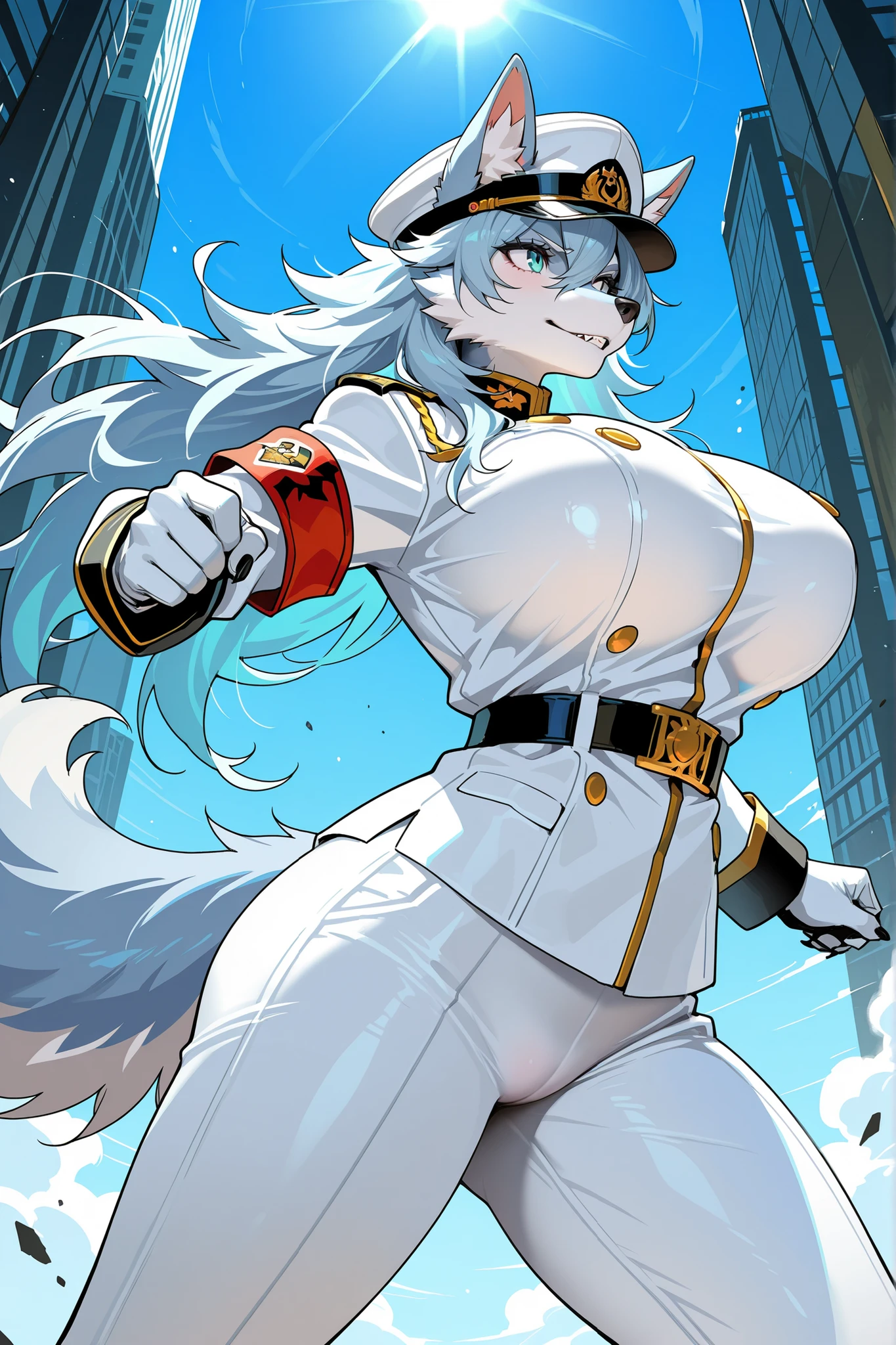 Masterpiece, best quality, beautiful girl, wolf ears, furry skin, big breasts, white clothes, hat, military, dynamic pose,