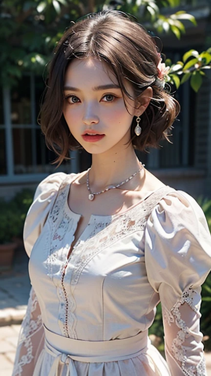 detailed background, masterpiece, best quality, 1 person , curly hair, long hair, purple eyes, star in eye , lime color Strapless blouse, long skirt
