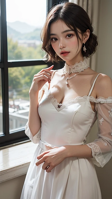 a beautiful girl with gorgeous detailed facial features, wearing a sexy and revealing nightgown, upper body only, with a big bust, pale white skin, silky and flowing hair with a hair ornament, blushing drunk expression, off-shoulder, medium-length hair, sleeping on a bed, bedroom interior, soft lighting, cinematic composition, highly detailed, photorealistic, 8k, masterpiece