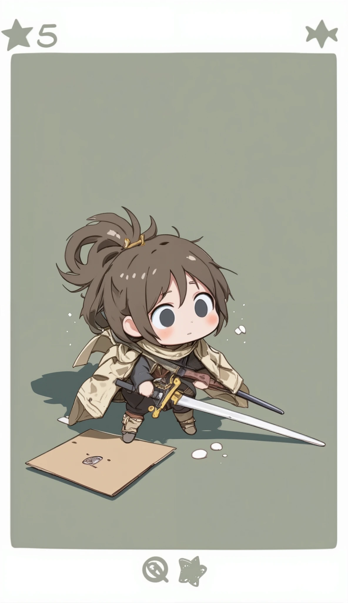 A game card, the weakest character, a small character card, a shabby sword, shabby equipment, a single star, a plain colored card, and a girl who is depressed and lamenting after drawing the weakest character small character card.