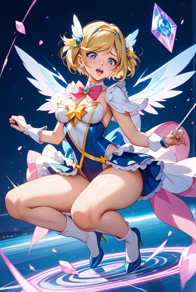 ((best quality)), ((official art)), ((masterpiece)), textile shading, ((ultra-detailed)), full color, (1girl, solo, <lyco:super_sailor_moon_outfit-v3:1.0>, bssmsuperoutfit, white leotard,, sleeveless, heart brooch, miniskirt, gloves, razor cut hair, whiskers, blonde hair, boots), on top of a skyscraper