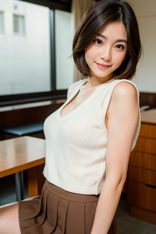 8k, Highest quality, masterpiece, Realistic, Realistic, Very detailed, Natural light, Shapely breasts, Her cleavage is visible, 1 person, 30-year-old woman, Black Hair, (Straight hair), (short hair), (Bob Hair), ((Look at the viewers)), (White V-neck see-through knit shirt), (Orange tight skirt), Very detailedな顔と肌, fine grain, Very detailedな顔と肌