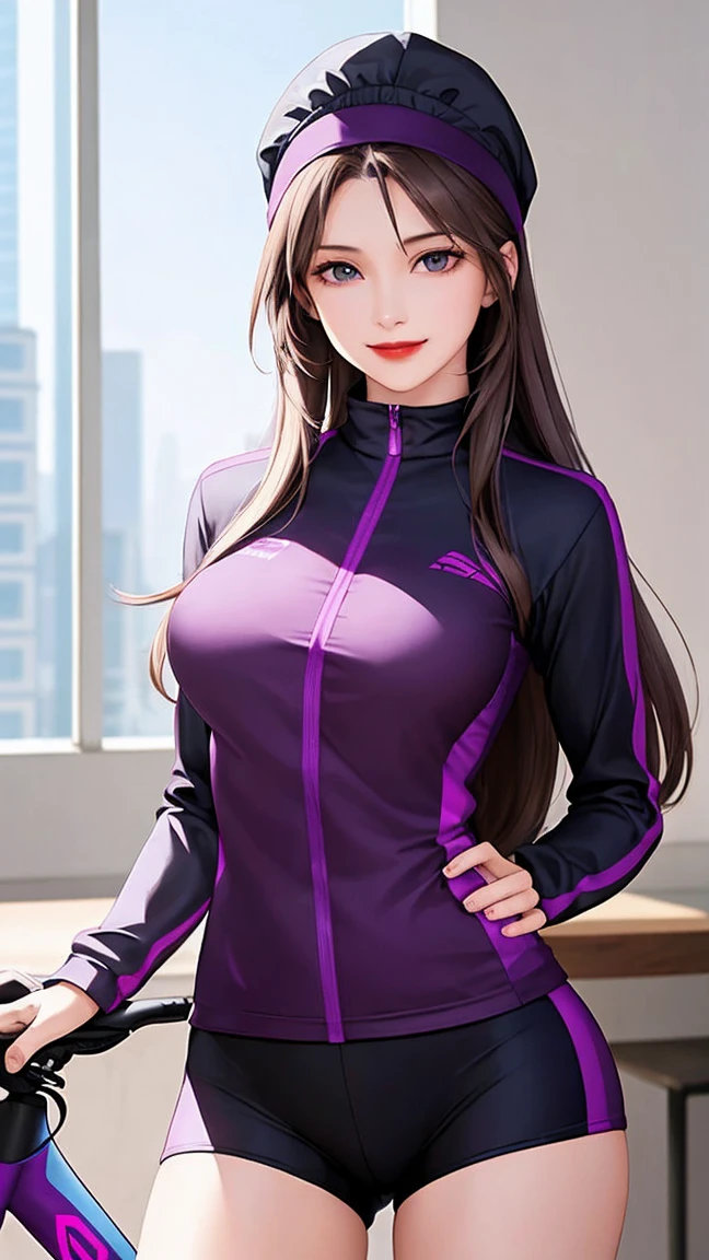 image of a stunningly beautiful woman wearing a (((purple tracksuit))) in a dark studio with black background, the studio has top lighting, the woman should be a beautiful Korean woman with K-POP Idol makeup that has a perfect body and a beautiful Asian face, she has a beautiful red lip-gloss on her lips and rounded transparent glasses on her eyes, she is doing a nice pose for a photoshoot and the image itself should look aesthetically pleasing, she should be a very fit and attractive woman and a nice aura around her, she is full of confidence, she has a slight yet a beautiful smile on her face, her hairs are pony tail hairstyle, she is posing nicely and not a cliché AI pose, make some beautiful pose, her arms are crossed under her breasts front view of the body, facing her body towards the camera, she has a sharp jaw line and a sharp nose, the image is taken from a lower downward angle to show dynamic perspective (((a beautiful golden hour time atmosphere))), (((huge body))), (((hourglass type body))), (((Huge hips))), (((huge breasts)))