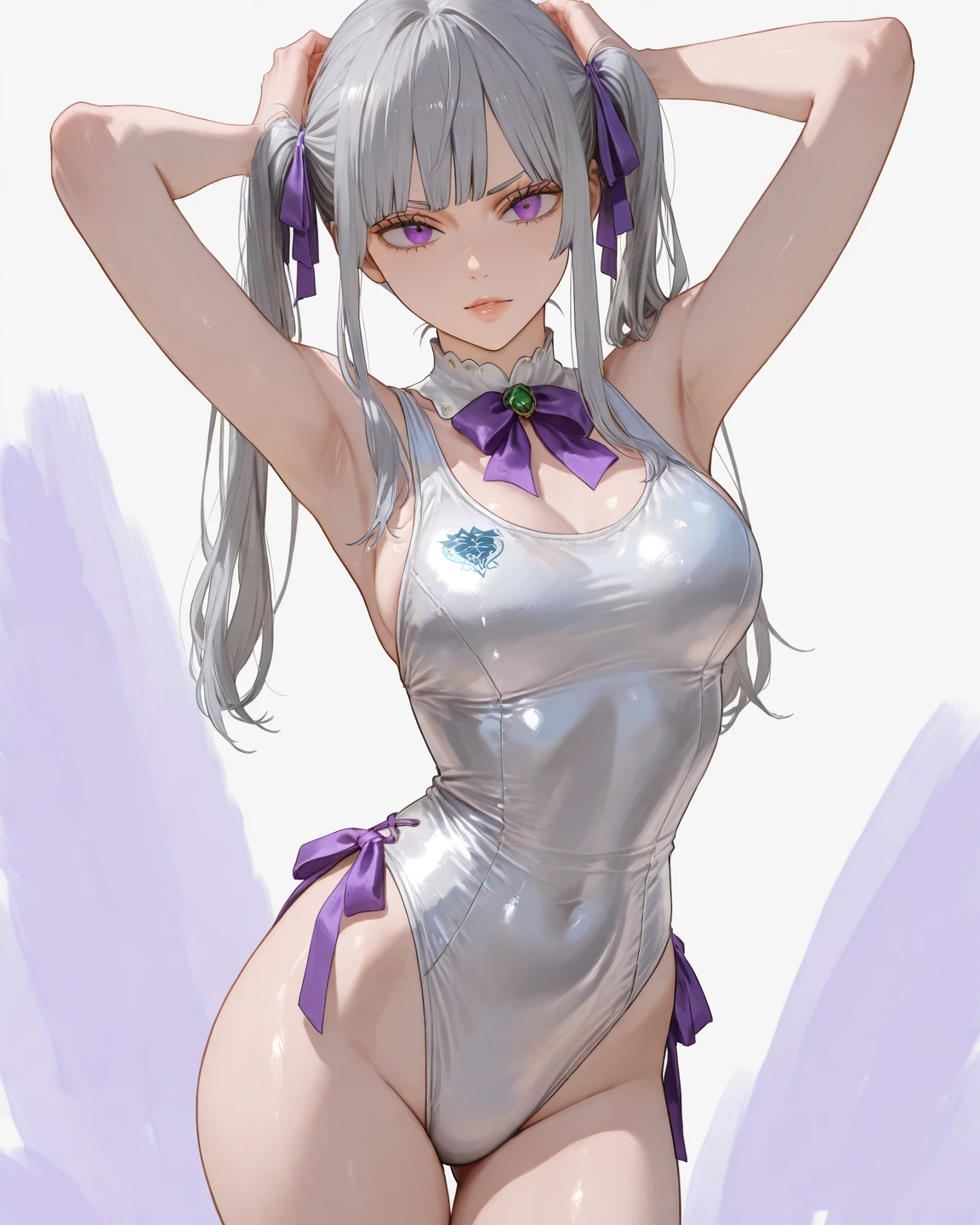 (high res, 8K, masterpiece, looking at viewer, best quality, very aesthetic, ultra detailed, ultra background, ultra Eyes) intricate details, 1girl, Noelle Silva, Black Bunny Suit, Rabbit ears, rabbit tail, Stockings, long silver colored hair, tied in two pigtails, middle bangs covering her forehead, wearing a pair of purple cross flower earrings, a silver bracelet on her left wrist, Squirts, smile face, Cheeks Flushed, Perverted Face, Ass pointing at the camera, Background The Mall, concert, Cinematic Angle