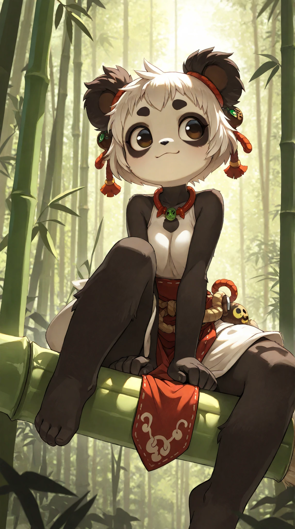 (masterpiece, best quality:1.2), 1girl, solo, pandawa, girl, panda, (black and white fur) beer, bambou, dofus, wakfu, simple background