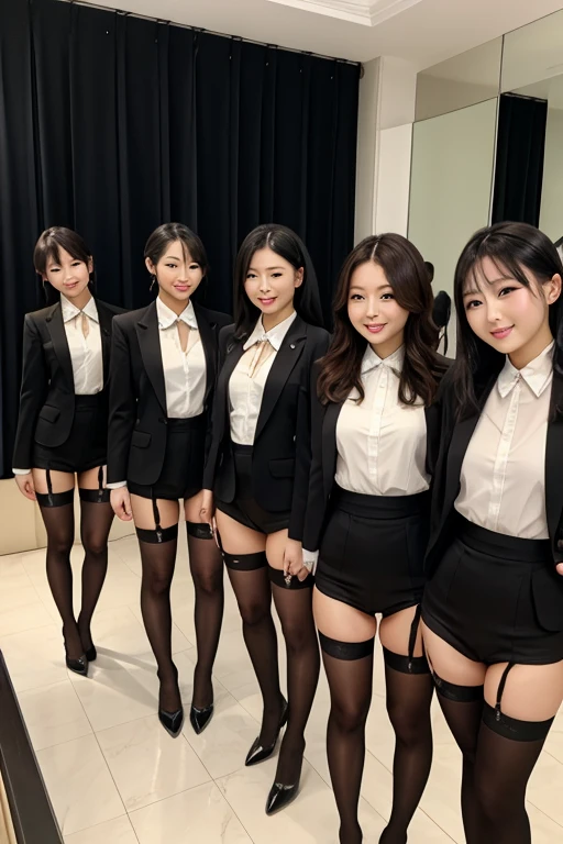 Three Japanese girls, Hair tied up, Bangs down, (Double eyelids), looking at the viewer, In the office, (smiling), Highest Resolution, masterpiece, (All wearing long-sleeve sheer blouse), (((All lifting up sheer skirt, and showing panties and stockings))), (white bowtie)