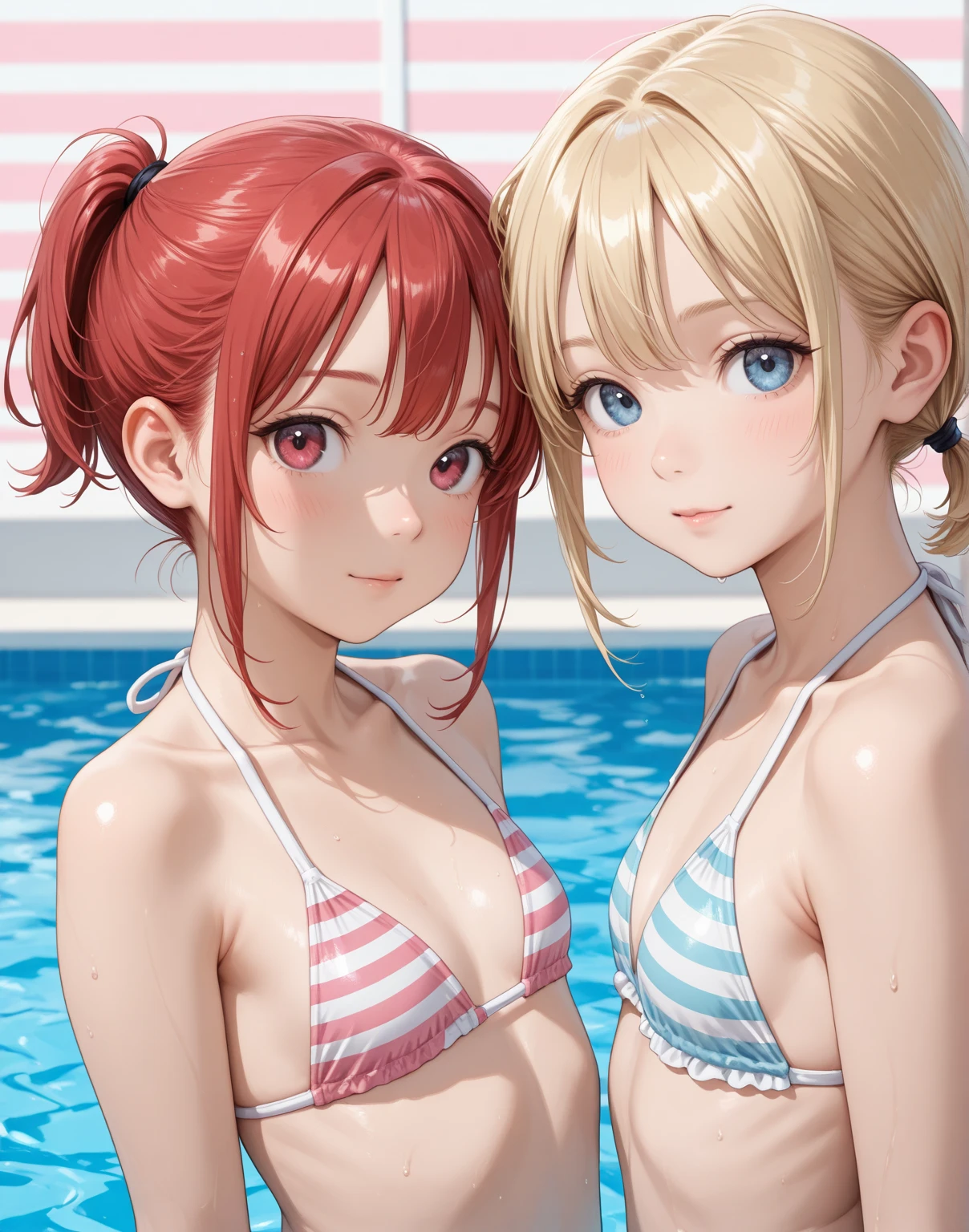 (masterpiece:1.2), (highest quality:1.2),, Curvy but slender body, perfect eyes, perfect face, perfect lighting, 2 girls, on the beach, (playing beach volleyball),(pink bikini),(ruffle bikini),(full body shot),(ponytail),(smile),curly hair, fine clothes, detailed outdoor background, compensate, eye shadow, thick eyelashes, fantasy, looking at the viewer, whole body、blue sky、Bright and very beautiful face、young shiny glossy white shiny skin、the best beauty、the most beautiful bright blonde hair in the world、thin hair、long hair、Shining beautiful bangs、big shining blue eyes、Very beautiful and lovely 18 years old, the most beautiful girl in the world、big breasts