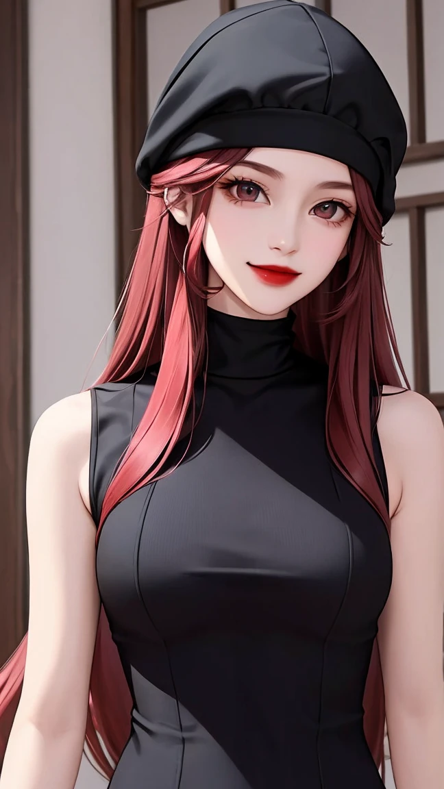 woman , long hair brown, normal, dark, she is solo, from alternative world ,best quality, realistic, cycling (dark red and black mix color) suit and cycling sports black shorts, she is stand , smile , head cap, red lipstick