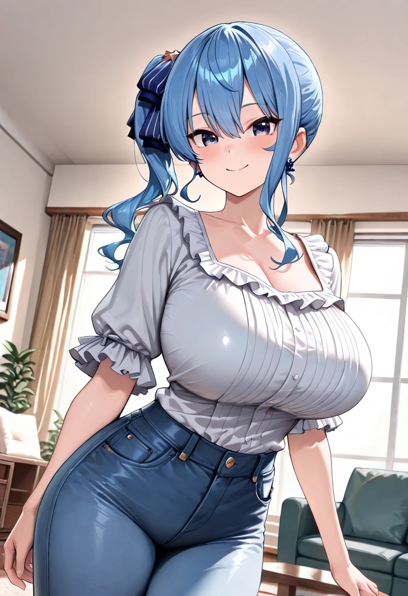 blue hair, long hair, pigtails, blue eyes, big lips, plump lips, big eyelashes, big breasts, big hips, hot, messy, sexy, cleavage, skinny, hourglass body, small waist, cute hair accessories, hair pins, cute clothes