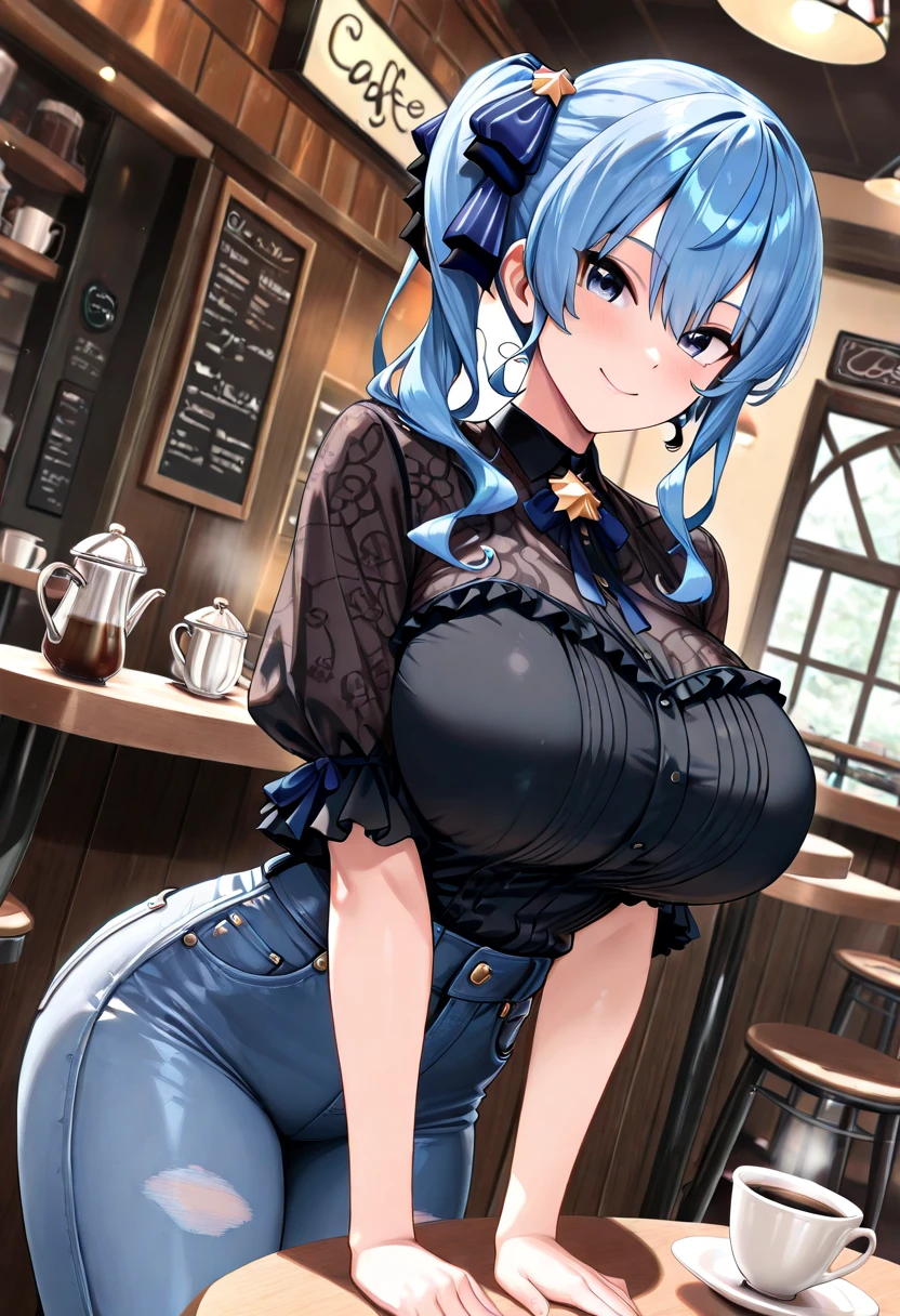 16 yo girl, hime cut, long hair, light blue hair, K cup breast, thicc thigh, perfect hourglass body, erotic string outfit, exposed body, charming smile, tavern scenes, clear view.