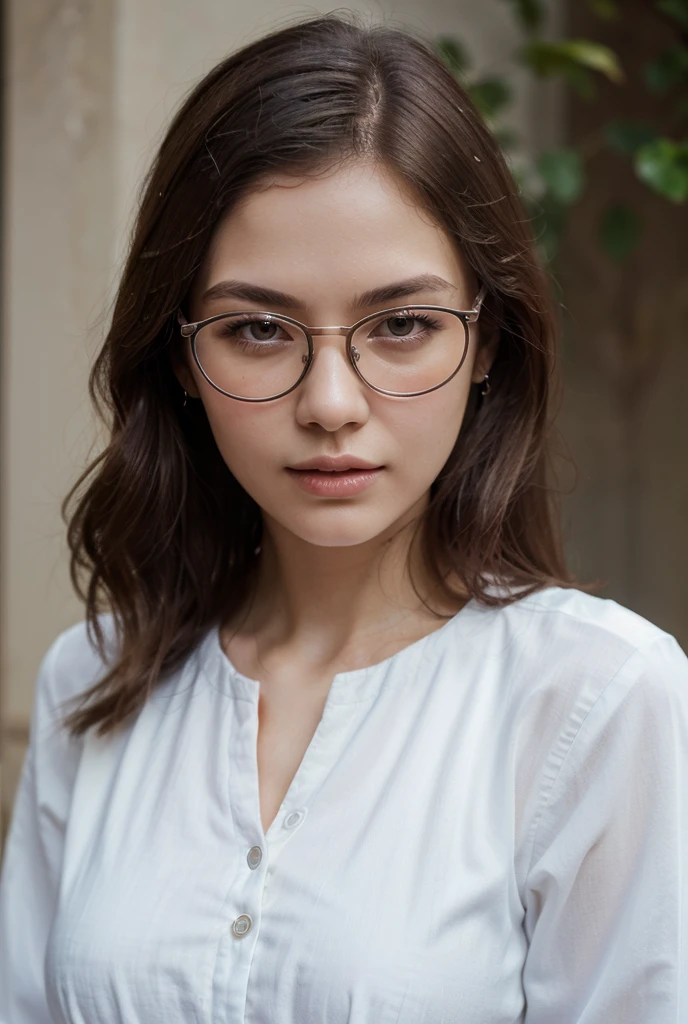Ayaka, le chevalier solennel avec une queue de cheval, porter des lunettes et des cheveux blancs, se tient au milieu d&#39;un fond de champ, ajouter une touche d&#39;armure de chevalier(0.7) à son charme. Elle a une poitrine moyenne et un sourire invitant avec ses accessoires pour cheveux