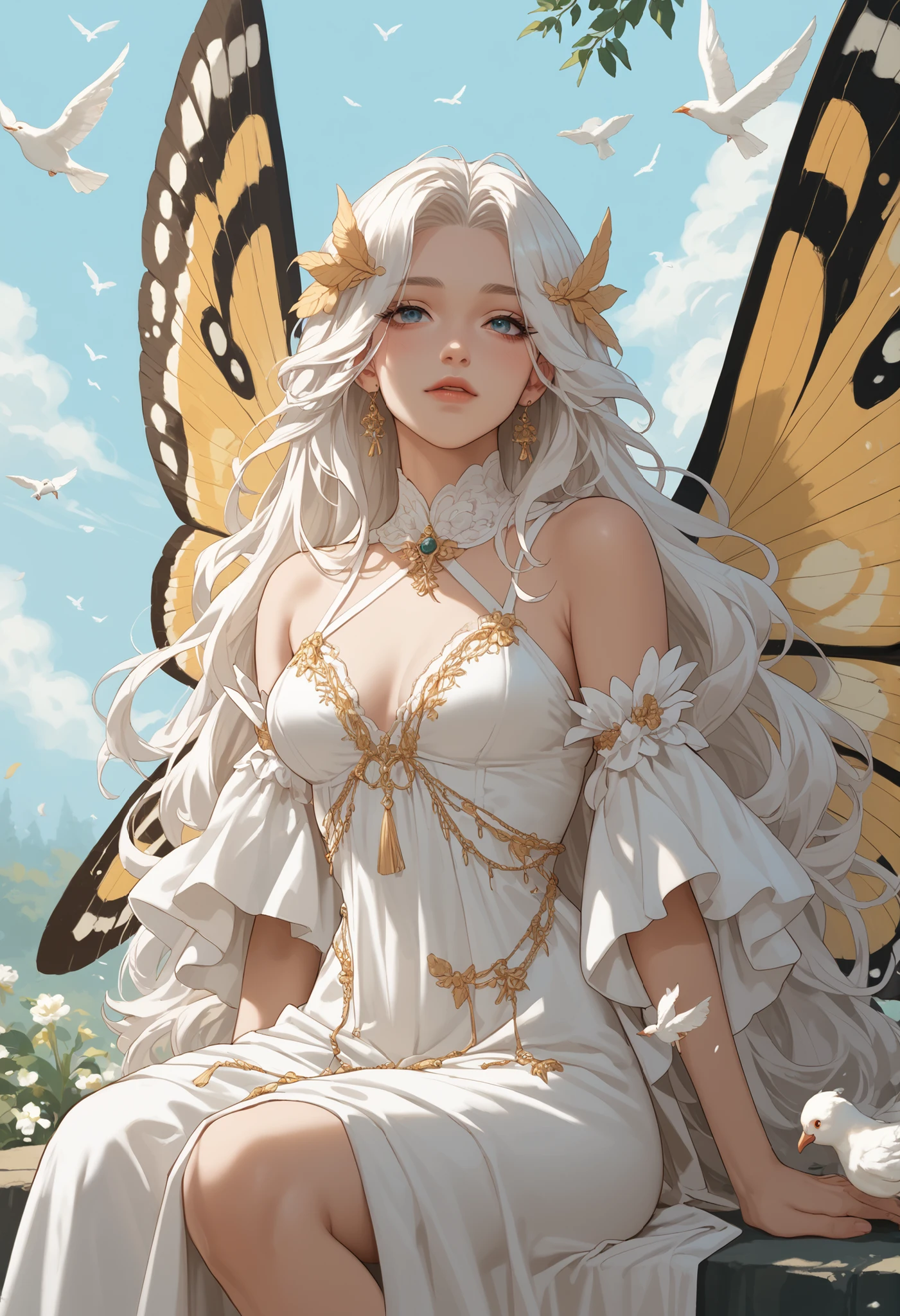 anime-style illustration of a melancholic angel sitting on his back, with long wavy white hair, white dress with details of crossed straps on his back. Its wings are large and open, with soft and elegant feathers. He is surrounded by feathers and white birds flying, transmitting an ethereal and calm atmosphere. There is a serene and mysterious expression on his face, partially covered by a moth. The background is soft, in neutral and pastel tones, creating a dreamlike and delicate mood.