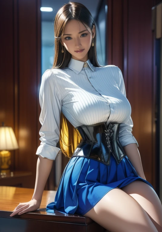 High Ponytail,Elegant upper-class elite secretary in a business shirt, Working in the office、Wearing a serious suit, Wear hose、Wear high-end heels、 Girl in shirt, Wearing a suit, Wearing a suit, Wearing a suit, Female Merchant, Business Clothing, Wearing a black suit, Wear a shirt and skirt, Wearing a suit的女人, business attire, Business Attire, RAW photos, (8K、Top quality、masterpiece:1.2)、(Intricate details:1.4)、(Photorealistic:1.4)、Octane Rendering、Complex 3D rendering with ultra-details, Studio Soft Light, Rim Light, Vivid details, Super Detail, Realistic skin texture, Detail face, eyes in beautiful detail, Highly detailed CG Unity 16k wallpaper, cosmetic, (Detailed background:1.2), Show your thighs!!!,