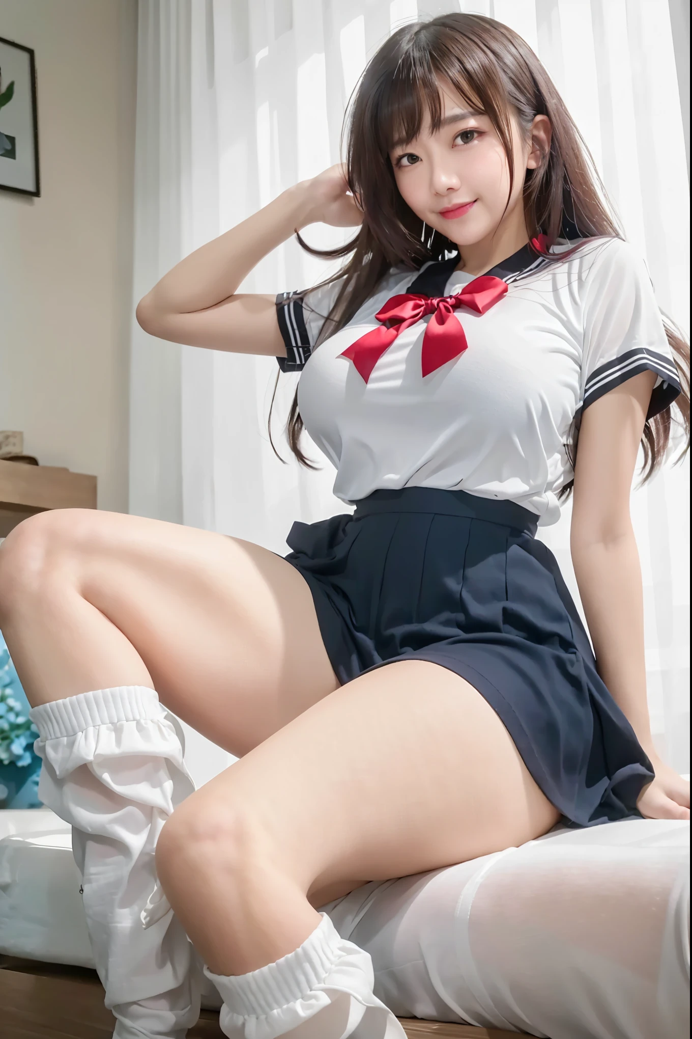 8K quality, Masterpiece, Bright lighting without shadows, Two busty women standing side by side, Super big breasts compressed by clothes, Whitening skin, Sparkling Blue Eyes, (Deep crimson sailor collar uniform), Pleated skirt, Above the knee, Skirtliftv1, (Booty stretched and highlighted by hands:1.2), A frontal shot that emphasizes her huge breasts, White panties, grabbing own ass, (Eyes closed and mouth open)
