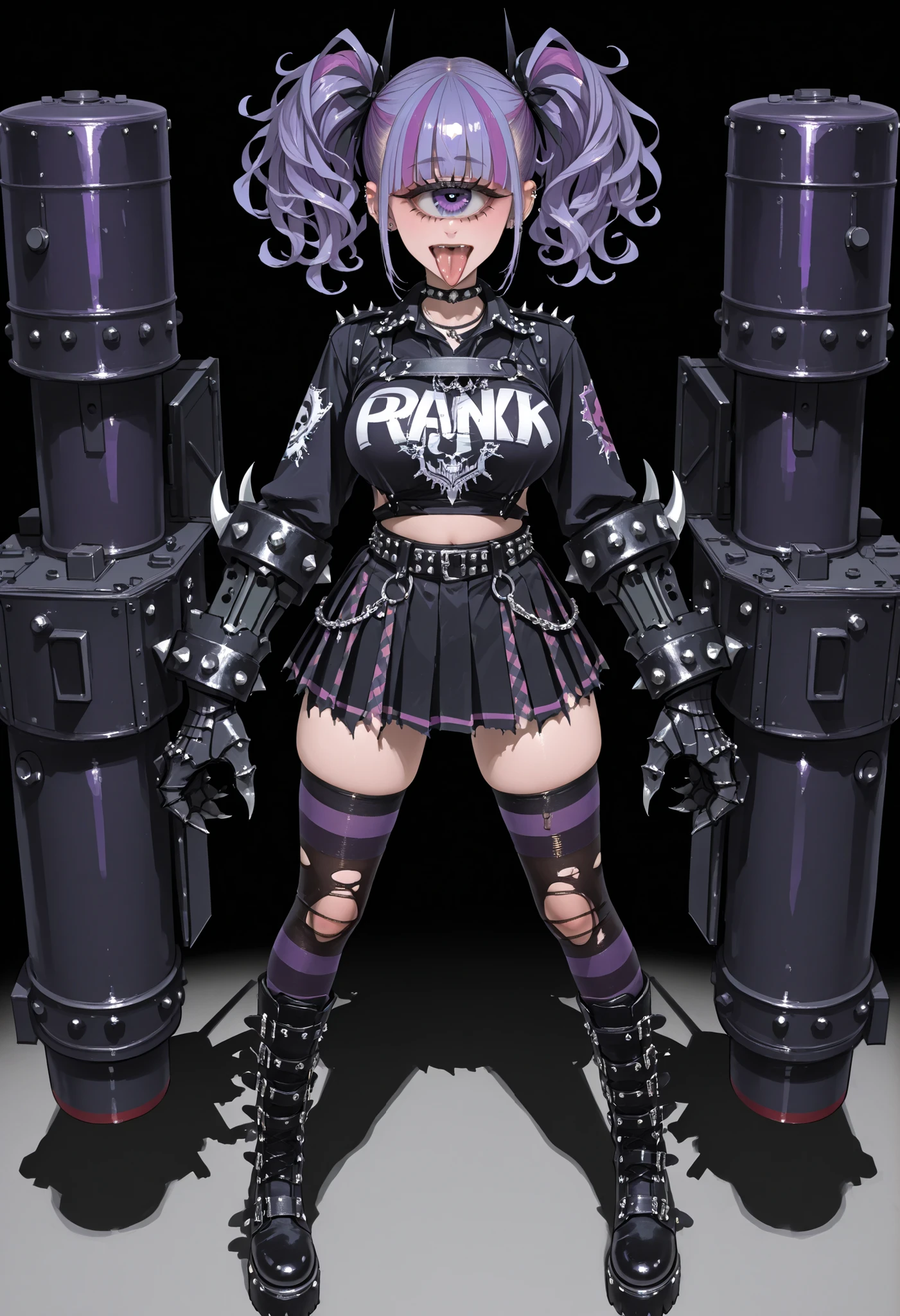 Punk fashion girl. Cyclops eyes. Purple hair. Short hair. Wavy hair. Twin tails. Two-tone bangs. Tongue sticking out. Torn outfit. Large breasts. Armored hands. Sharp claws. Large hands. Studded outfit. Long boots. Missile launcher. Gun turret. Parabolic antenna.