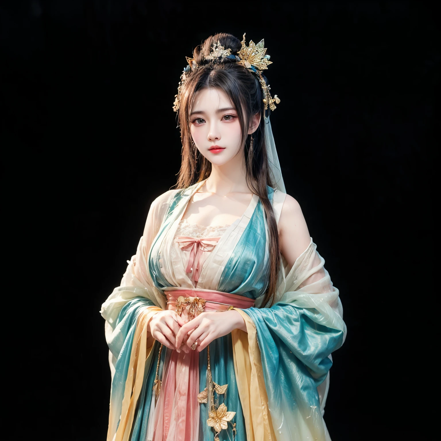 gorgeous oriental woman, black hair in an elaborate hairstyle, elegant embroidered kimono, sakura flower embroidery, gold details, full body shot, cleavage, bare shoulders, standing, large breasts, alchemist, strapless dress, vials , potions, updo, blank background, white background, lulu, ffx