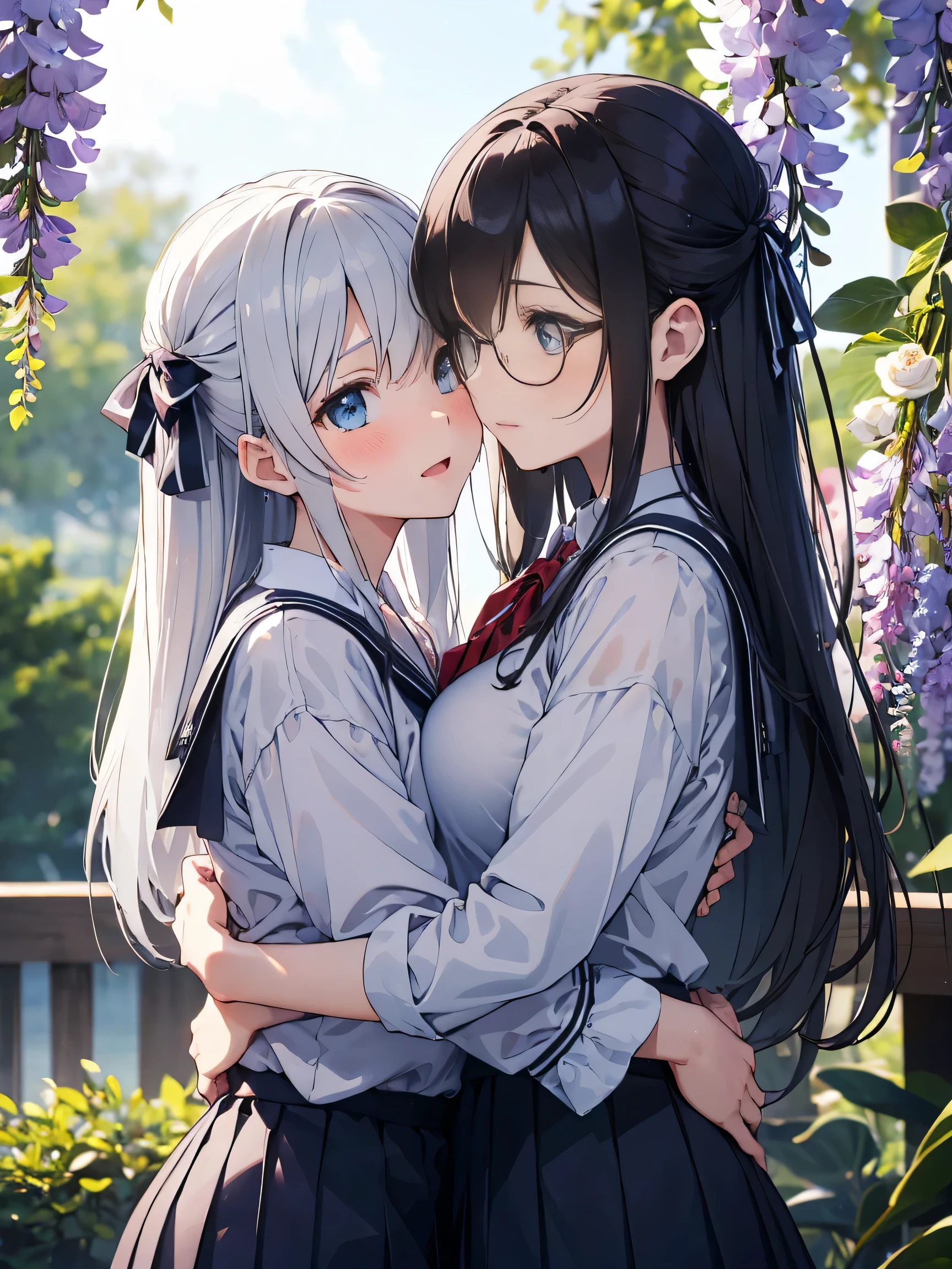 (score_9, score_8_up, score_7_up), source_Anime, absurd_res, white, blue, black, 2girls, duo, multiple girls, upper body, super fine illustration, an extremely delicate and beautiful, best quality, masterpiece, 8K, spring setting, wisteria flowers, gentle breeze, sunlight filtering through trees, BREAK
left girl is(long silver hair:1.3, two side-up:1.2, blue eyes:1.2, hair ribbon with black, ample breasts, white sailor school uniform:1.3, red tie, black pleated skirt, wet clotch, wet body, ultra-beautiful girl), BREAK
right girl is(long black hair:1.3, half updo:1.3, brown eyes:1.3, wearing glasses:1.3, round eyewear:1.3, thick eyebrows:1.3, sagging eyes:1.3, hair ribbon with light blue, ample breasts, white sailor school uniform:1.3, red tie, black pleated skirt, wet clotch, wet body, ultra-beautiful girl), BREAK
fluttering hair, gentle smile, blushing faces, surprised expression, embarrassed reaction, yuri:1.3, lesbian foreplay:1.3, looking viewers:1.3, mutual hug:1.3, breast press:1.3, dynamic pose, soft fabric movement, fluttering petals, warm and bright atmosphere, soft lighting, delicate color palette, detailed clothing folds, flowing hair, lively spring vibe, highly detailed rendering, breathtaking composition,