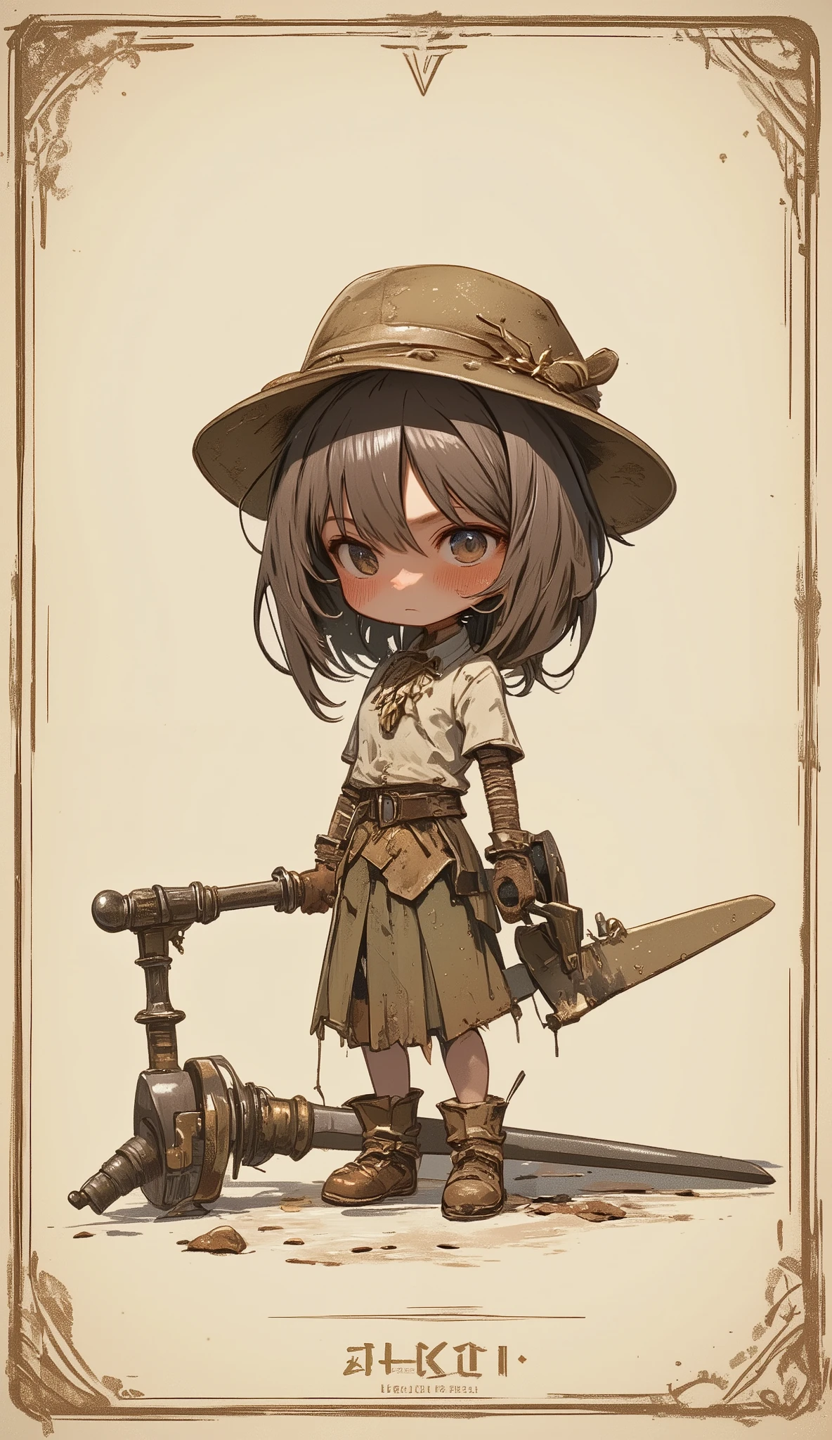 A game card, the weakest character, LV 1 character, a small character card, a shabby sword, shabby equipment, a single star, a plain colored card, and a girl who is depressed and lamenting after drawing the weakest character small character card.