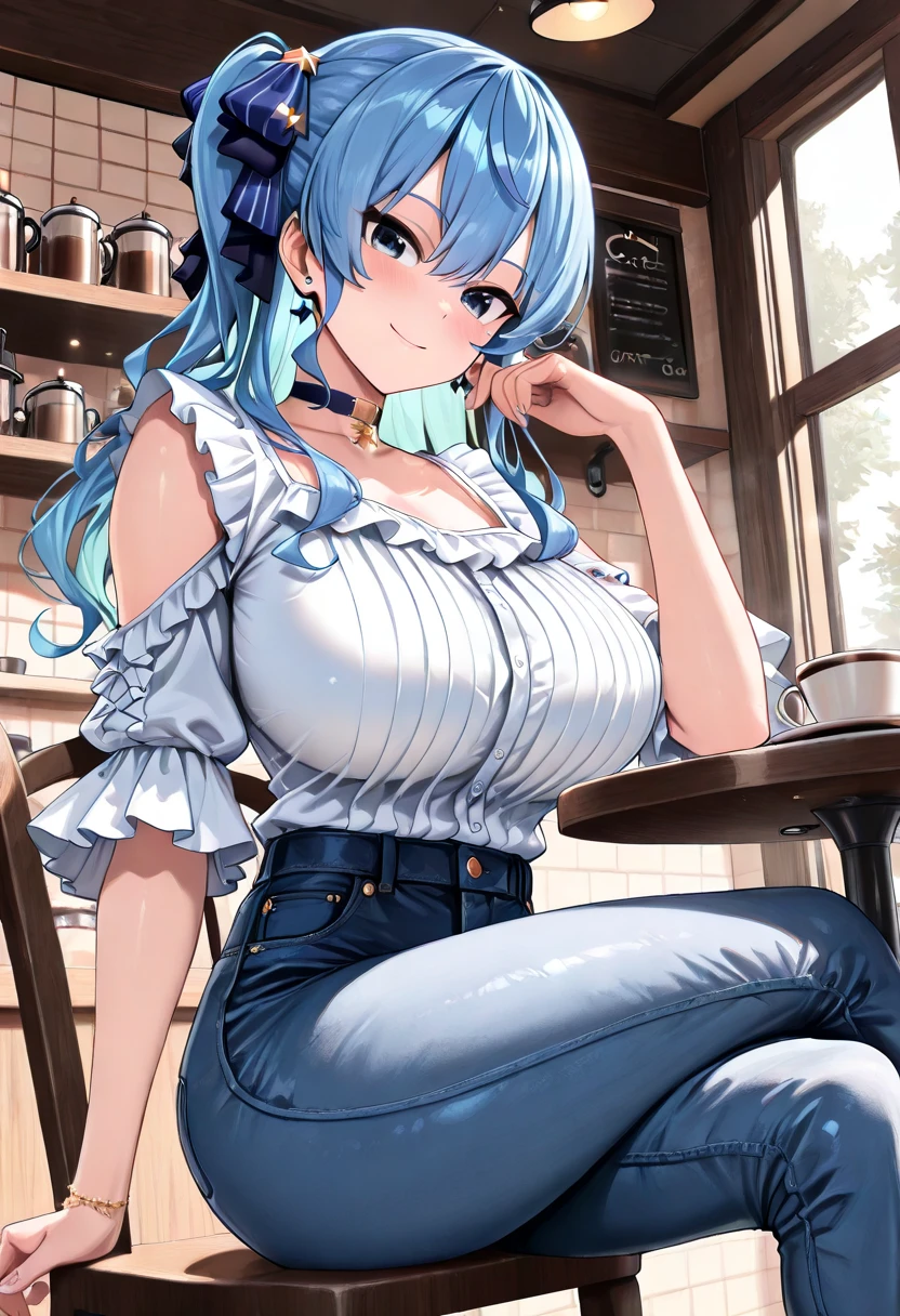 girl, blue hair, brown eyes, long hair, ponytail, big breasts, white T-shirt, black shorts
