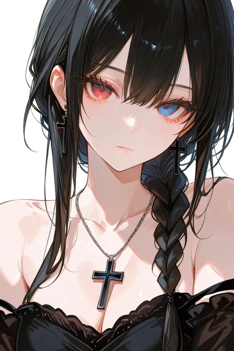 ((masterpiece:1.4, best quality:1.2)), toned, 1girl with long hair, 1girl, black hair, solo, very long hair, white hair, jewelry, scar, scar on face, cleavage, red eyes, simple background, looking at viewer, ringed eyes, choker, bracelet, orange background, scar on cheek, piercing, earrings, cross scar,