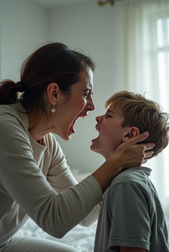 Angry woman shaking a boy's hand