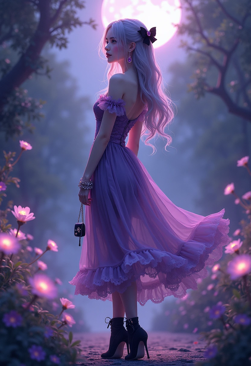 There is a girl with long hair in the forest,Has an unbeatable figure and a super cute face,Wear a gorgeous dress,Magic wand in hand,Next to her is a river,Glowing spots,There are some pink flowers around