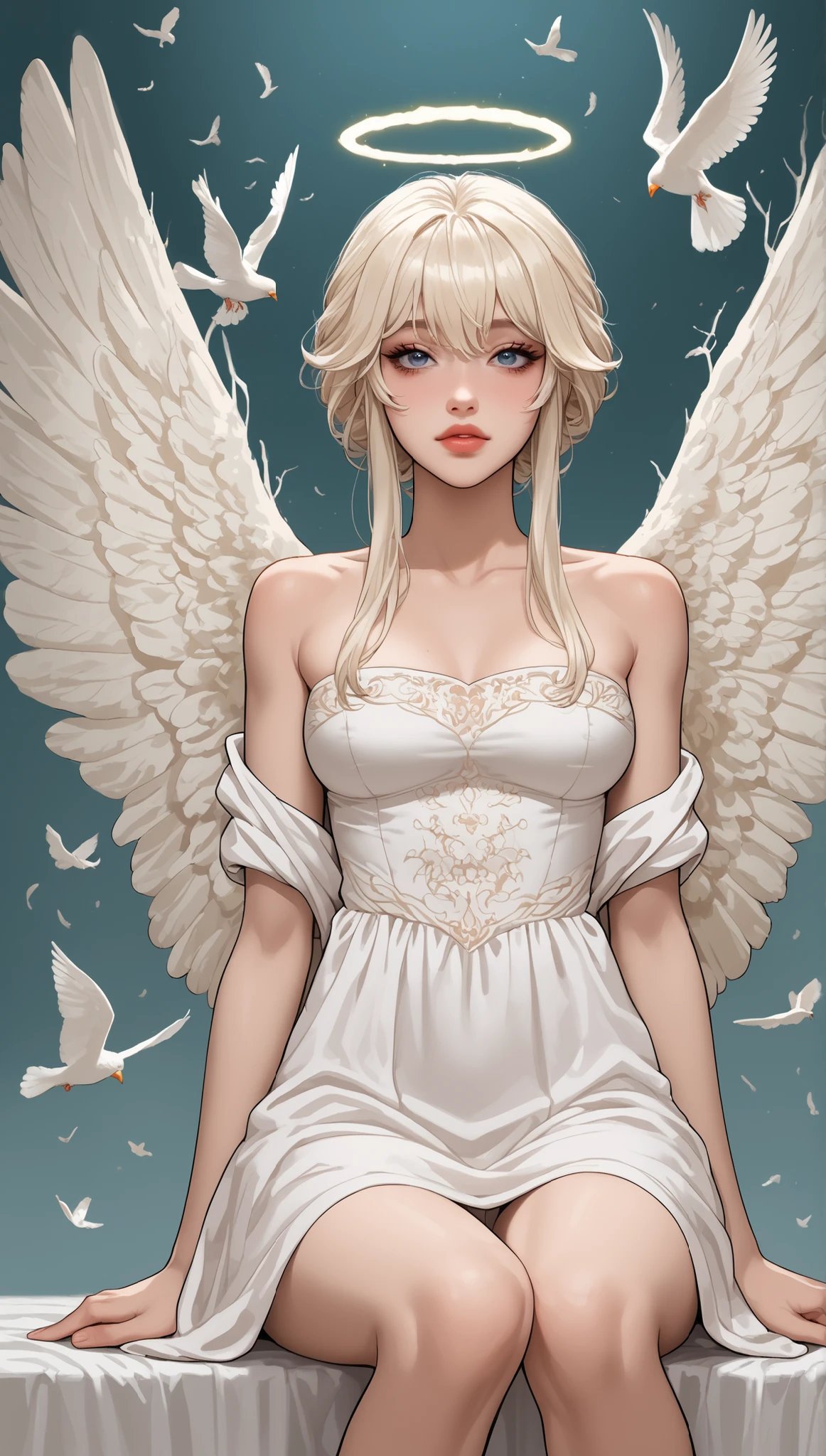 General Description : The illustration depicts an angelic figure with her back, sitting or kneeling , in a delicate and stylized artistic style with predominantly soft tones, como bege, branco, and light pink . The atmosphere is ethereal and a bit melancholic. Visual Features of the Character: Cabelo: Cor: White or platinum blonde. Estilo: Solto, ondulado, e volumoso, with locks that frame the face. Rosto: partially visible . Pele clara (A pale tone, almost translucent ). Lips painted dark red. There is a moth (or butterfly) large covering the eyes, as if it were a bandage - which creates an air of mystery. Roupa: a long dress , branco, with strips crosses on the back and shoulders, well adjusted to the body in the upper part. The dress has a light fit, reminiscent of thin and fluid fabric. Asas: Large white wings sticking out of the back of the character, com detalhes em cinza and light pink , well designed and symmetrical. The feathers are long and detailed, some blend with the dress or the background. accessories/Additional Elements: Several silhouettes of birds flying around or superimposed on the image, some stylized as cutouts. The background is abstract in shades of gray, with no definite scenery. Race and ethnicity: How is a stylized illustration (with limited colors), there are no definite ethnic elements that clearly point to a specific race. The pale skin and the white hair/platinum gives a supernatural or ethereal aspect to the character, suggesting more of a mythological or spiritual figure (like an angel or heavenly entity) than a realistic human representation.