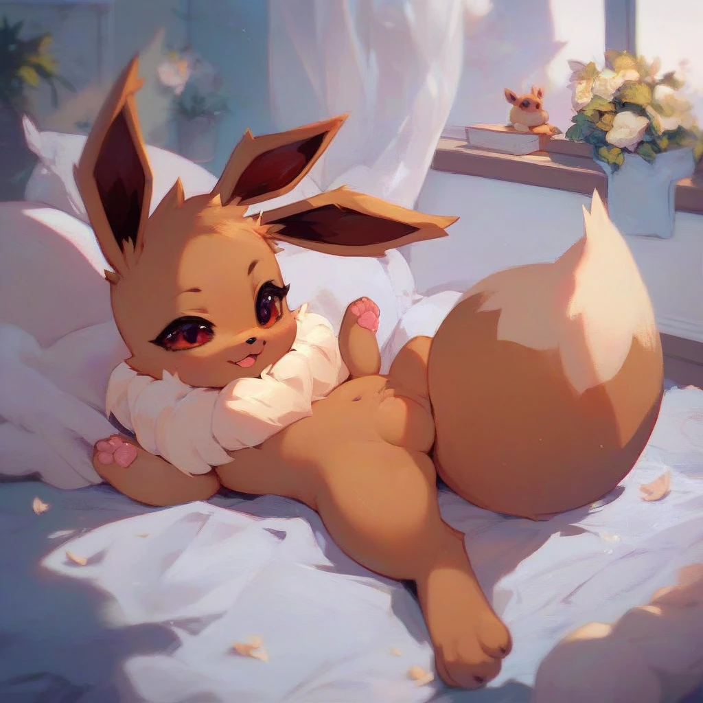 heart shaped pupils,eyes,on the bed,heart,fantastical,Pokemon,furry,kemono,cute,(non-human:1.3), Hairless,(rabbit reg:1.4),red fluffy long hair,orange color fluffy body,surprised face,(body like a puppy:1.4),deformation,