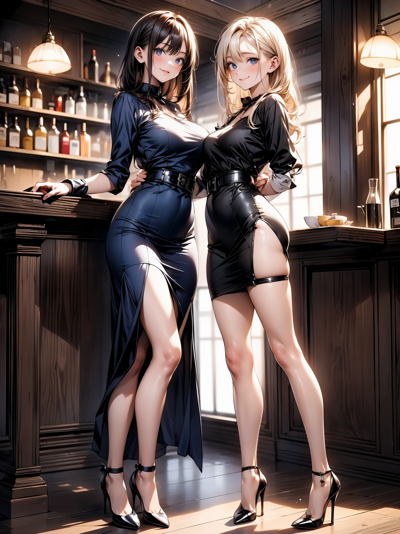 (masterpiece:1.3),(best quality, highest quality),((Full Body Shot,Including face)),1girl,Standing position,4K,masterpiece,((Focus on the face)),((Symmetrical facial features)),Beautiful woman,slender,Beautiful feet,((Thigh-high boots)),Detailed depiction of the face,bar counter,uniform,Realistic,profile,Corset standing diagonally,Long skirt,Red dress