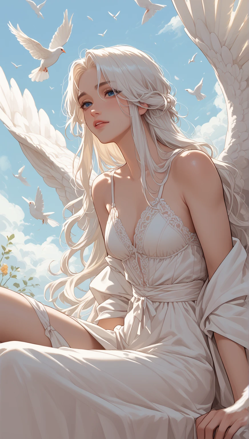((best quality)), ((masterpiece)), (detailed), 1girl, Character design, female, dynamic poses, long white grey hair, grey white eyes, very skinny, detailed, best quality, no accesoires around the neck, no shoes, prominent collarbones, skinny arms, flat stomach, visible hip bones, full body, blank white background, plain background, white background, red and white clothing, Bloodborne inspired, occult aesthetic, occult, detailed and intricate steampunk and detailed gothic, NSFW, Very dramatic and cinematic lighting, cosmic horror, grim-dark, side-lighting, perfect face, NSFW, Fluttering lace flared long knee length dress with frilly petticoats, knee length dress, pleated petticoats, petticoats gothic, complex lace boots, side-lighting, gothic aesthetic, wielding a mighty sword with mechanical components, mandalas, small breasts, a fairy, various different types of insect wings, NSFW, full body, whole body, body, plain background, white background, blank background, no background, white background NSFW, chains, full body, whole body, head-to-toe NSFW