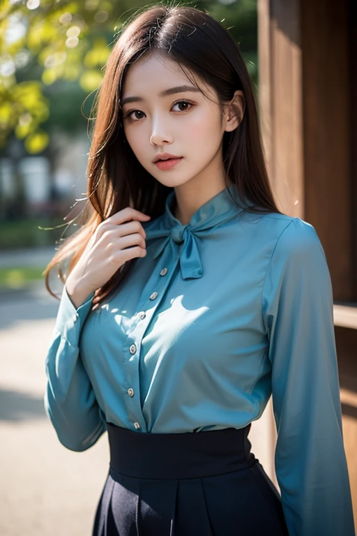 ulzzang-6500-v1.1, (RAW Photos:1.2), (Photorealistic), (See-through:1.3), (Mastepiece), (Genuine:1.4), (1Elite girl)、22 years old, Blue Eyes of the Sea(Eye details), A shy smile、(I wear my hair up and tied up)、(Elegant silk blouse:1.3), (Ultra-realistic pantyhose:1.2), (flare skirt:1.2), sit in an office and work at a desk、Realistic skin texture、Glowing Skin、Exposed thighs!!! , Makeup、