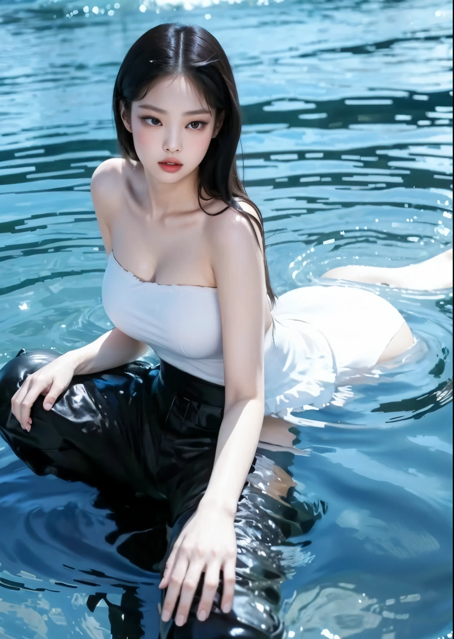 8k, masterpiece, RAW photos, best quality, realistic, extremely detailed CG unity 8k wallpaper, depth of field, Cinematic Light, lens flare, ray tracing, (very beautiful face, beautiful lips, beautiful eyes), A face with intricate details, ((highly detailed skin), Photos of Pretty 1 girl highest quality, ultra high resolution,In reality:1.4), Beautiful woman with a slender body:1.4, pronounced abs:1.4, ultra fine face, Exquisite eyes, double eyelid, choker necklace, black long hair, ((White shirt soaked with water showing breasts)), ((short skirt))