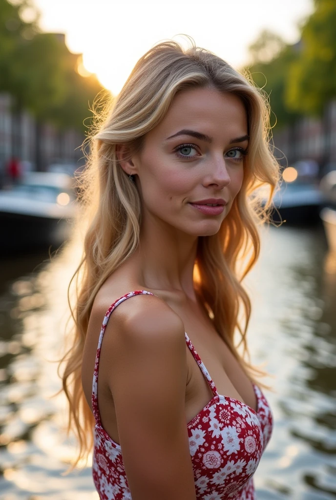 blonde, perfect body, AIbeka, cherry red lipstick, 64k, makeup, full body, top-quality, hightquality, Extreme Detail Photography, Eye for extreme detail, masterpiece, 16k, 8k, 4K, HD, UHD, Summer in the Mountains, a beautiful woman, posing for a picture, looking aroused, she is wearing a tight summer dress,stockings,red lips, sunhat with a flower, depth of field, bokeh, close up selfie, blonde Blue Eyes Aibeka, full body view