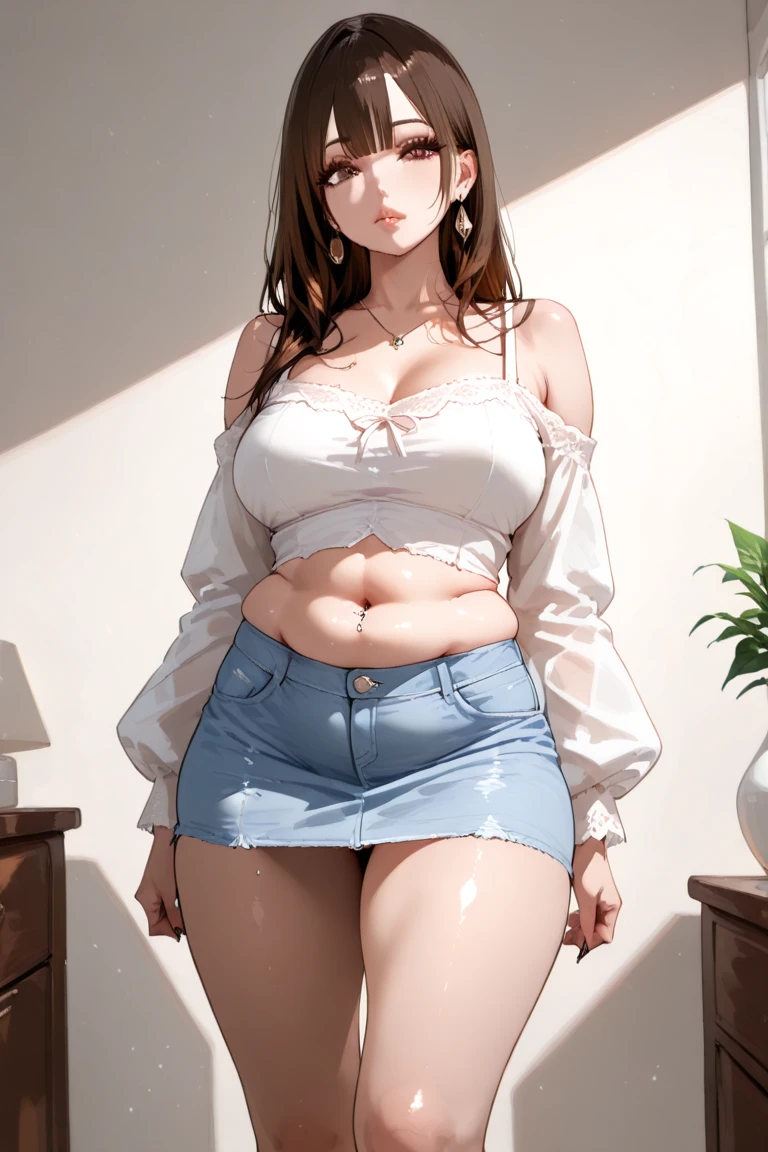 A woman, unreal body, impossible body physique, cute, angry, she has a curvy body, she has big , giant , huge , fat , extremely giant , unreal , thin waist, flat stomach, extremely thin waist, low waist, flat stomach, big hips, thick hips, toned hips, fat hips, thick legs, fat legs, strong legs, extremely thick legs, big ass, giant ass, unrealistic ass, extremely giant ass, fat ass, voluminous ass, she has long hair, brown hair with blonde, brown hair, blonde hair, hair with purple tips, she has smooth skin, she is wearing extremely short shorts, denim shorts, small shorts, revealing shorts, she is wearing a white blouse, loose blouse, marked blouse, tight blouse on her breasts, Oppai body proposals