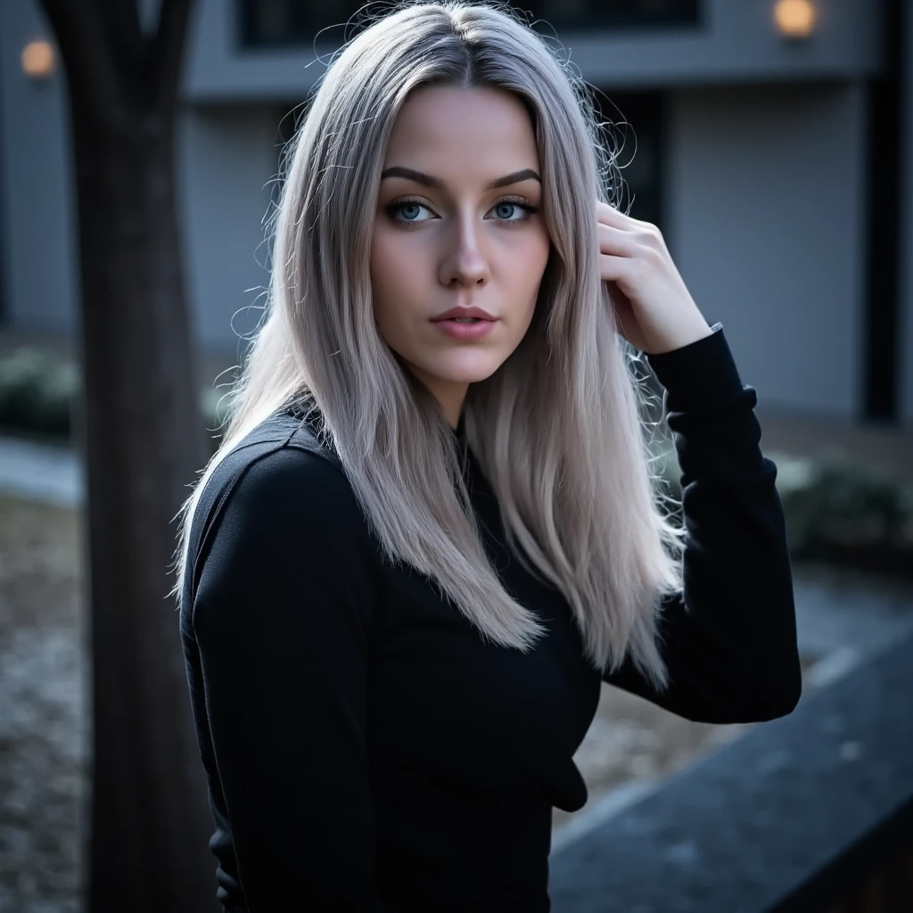 photo of AshlynSh4rp_HM-135, a woman, perfect hair, (modern photo), wearing black jeans, black button-up shirt, wool coat, 85mm short telephoto (analog, cinematic, film grain:1.3), Post-Apocalyptic Wasteland, Desolate landscape with crumbling structures, overgrown flora, and polluted sky., detailed eyes, professional pose, (epiCPhoto), (looking at viewer:1.1), (cinematic shot:1.3), (hard style lighting), OverallDetail, SkinHairDetail