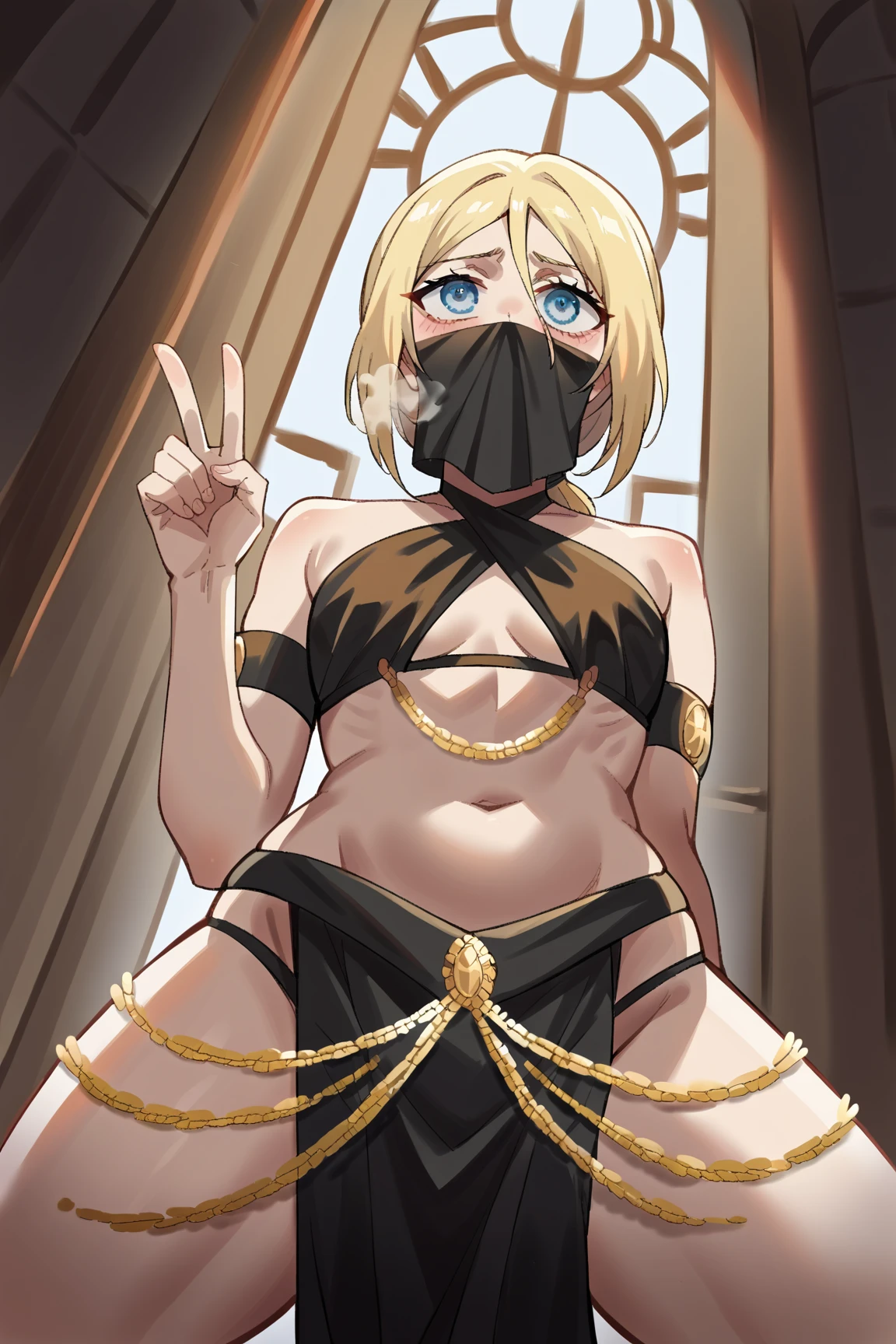 short hair, blue eyes, heart eyes, freckles, freckles on face, big butt, big ass, big thighs, striped thigh highs, black and white thigh highs, one piece micro bikini, g-string, sling shot bikini, blush, blushing, cute smile, lusty smile, shy, is shy, cloak, black cloak, hood, wearing a hood, covered erect nipples, erect nipples, hearts, heart pupils, heart hands,