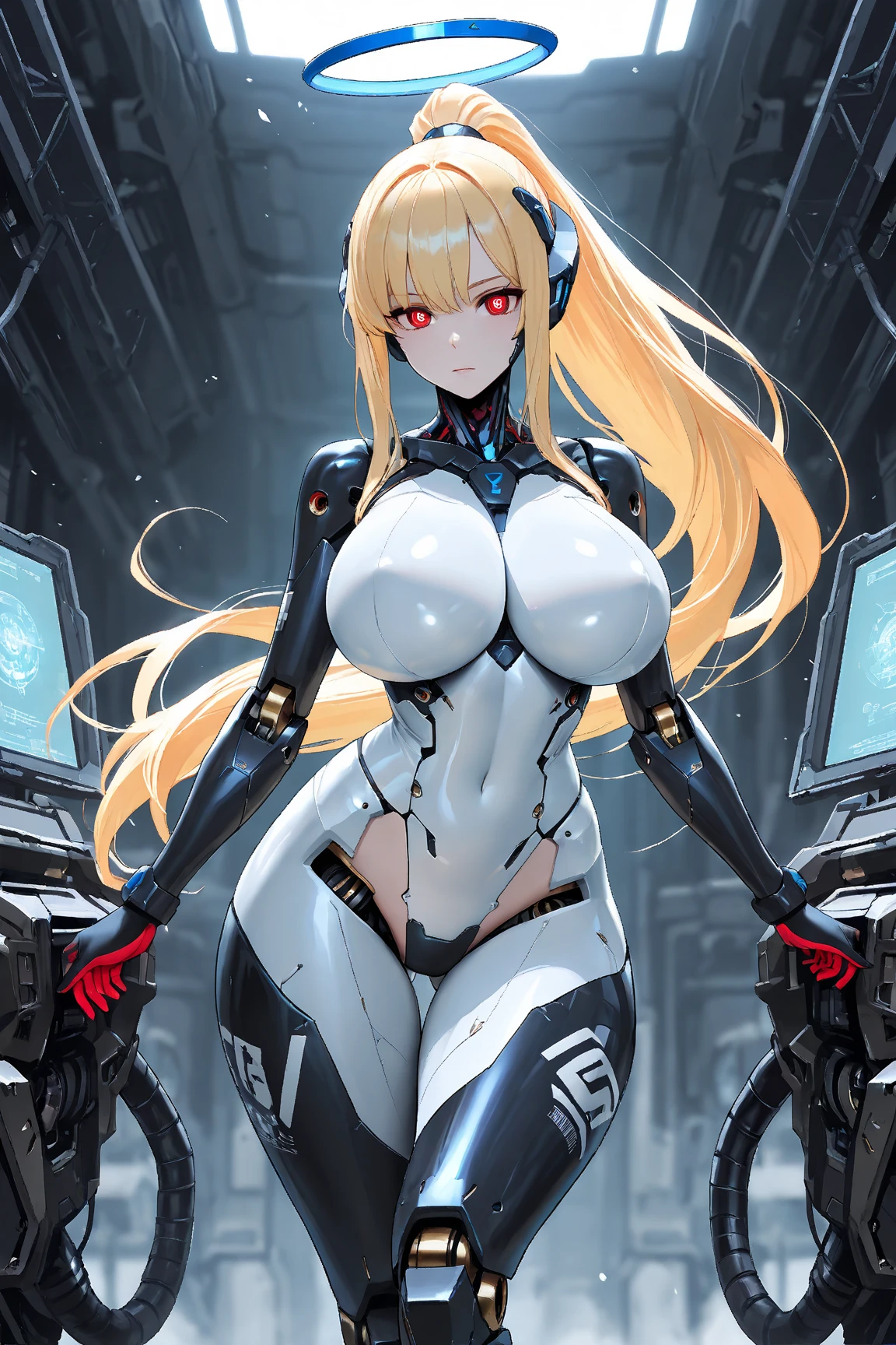 female, skinny, narrow waist, breasts, wavy blonde hair, red eyes, mechanical body, robot body, mechanical joints, robot, mechanical girl, huge breasts, perfect thighs, sitting, garage, white highleg leotard, cowboy shot, masterpiece, plastic skin, pale, headgear, smiling, robotic legs, synthetic, cyberpunk