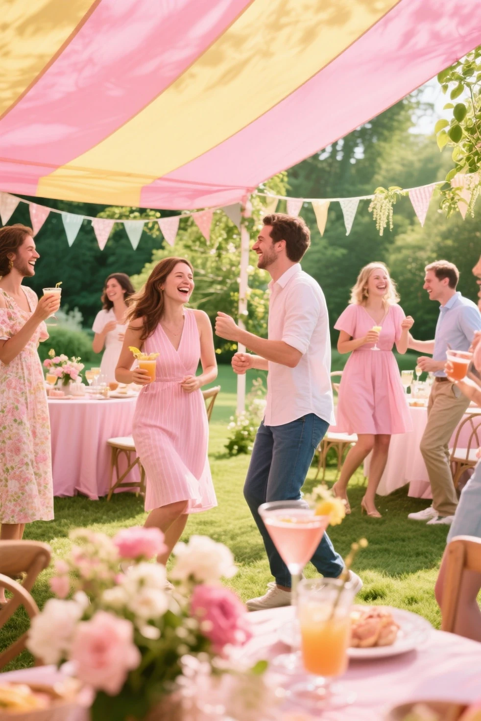 In the style of Mary Blair, a whimsical illustration portrays young event planners adorning the party hall with colorful decorations. Their expressions radiate excitement. The scene is awash with bright, joyful hues. --v 5 --stylize 1000