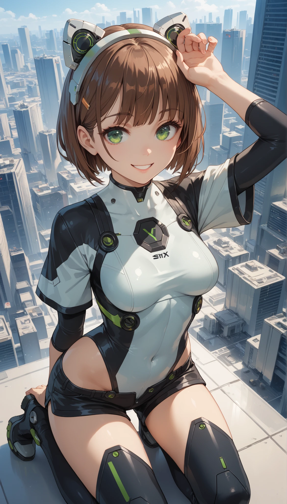 (hmochako:1.2), blush stickers, short hair, big breasts, superhero, (bodysuit: 1.2), smile, cute, (sexy pose: 1.2), looking at viewer, thick thighs, short hair, sitting, (breast focus:1.2), from above, (realistic:1.2), (realism), (masterpiece:1.2), (best quality), (ultra detailed), (8k, 4k, intricate),(full-body-shot:1), (85mm),light particles, lighting, (highly detailed:1.2),(detailed face:1.2), (gradients), sfw, colorful,(detailed eyes:1.2), (detailed skyline: 1.2),(detailed background), detailed landscape, (dynamic angle:1.2), (dynamic pose:1.2), (rule of third_composition:1.3), (Line of action:1.2), wide shot, daylight, solo.
