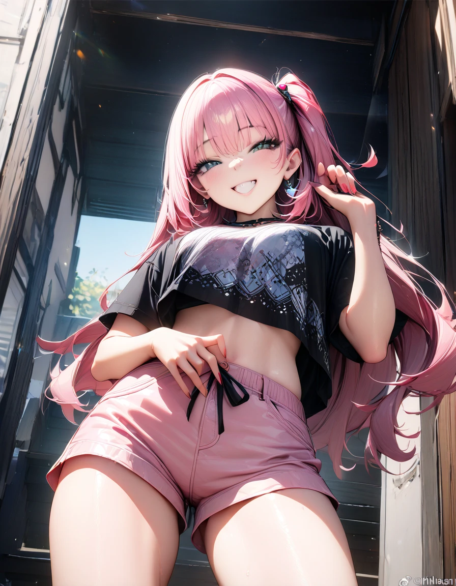8K, top-quality, realisitic, Photorealsitic, 独奏, 1 rapariga, optic, ​masterpiece, Funny face, cute eye,(a smile:1.2), (black and twintail hair:1.3), shinny hair、depth of fields, slenderbody, (Pink camisole:1.3)、a navel、Inter-strands、(ripped denim shorts:1.3)、(Her shorts are unbuttoned)、 hart-shaped kinky tattoo、Raw feet、Street、thighs thighs thighs thighs, the feet, City background, (hason, lower abdom: 1.6),(gale:1.4),(cloudiness:1.2), 、(?????? seam:1.3)、(chick:1.2)、(Lori:1.3)、(Cheeky little:1.3)、red eyes、(Tsurime:1.3)、mole under right eye、She is showing her double teeth