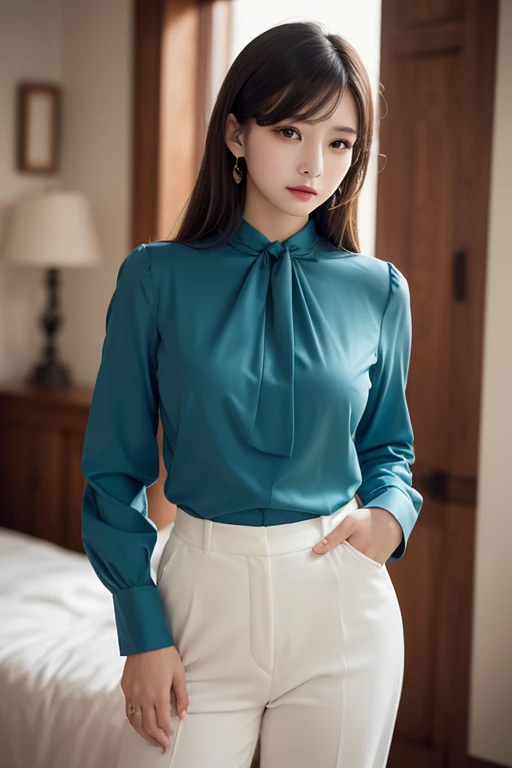 (masterpiece:1.2, Highest quality), (Realistic, photoRealistic:1.4), Beautiful illustrations, (Natural Side Lighting, Cinema Lighting), 
Looking at the audience, Face Focus, Upper Body, 1 female, Japanese, Perfect Face, Perfect body, Cute symmetrical face, Shiny skin, Baby Face, Medium chest:1.4
((Medium Hair:1.4, Light brown hair)), Hair between the eyes, Emerald green eyes, Captivating thighs, thin, 
Beautiful Hair, Beautiful Face, thin and beautiful eyes, Beautiful clavicle, Beautiful body, Beautiful breasts, Beautiful thighs, Beautiful legs, Beautiful fingers, 
(((Ascot Shirt:1.3), Black tight skirt)), 
(Beautiful views), evening, (office), Are standing, (Cute Smile, Superior),