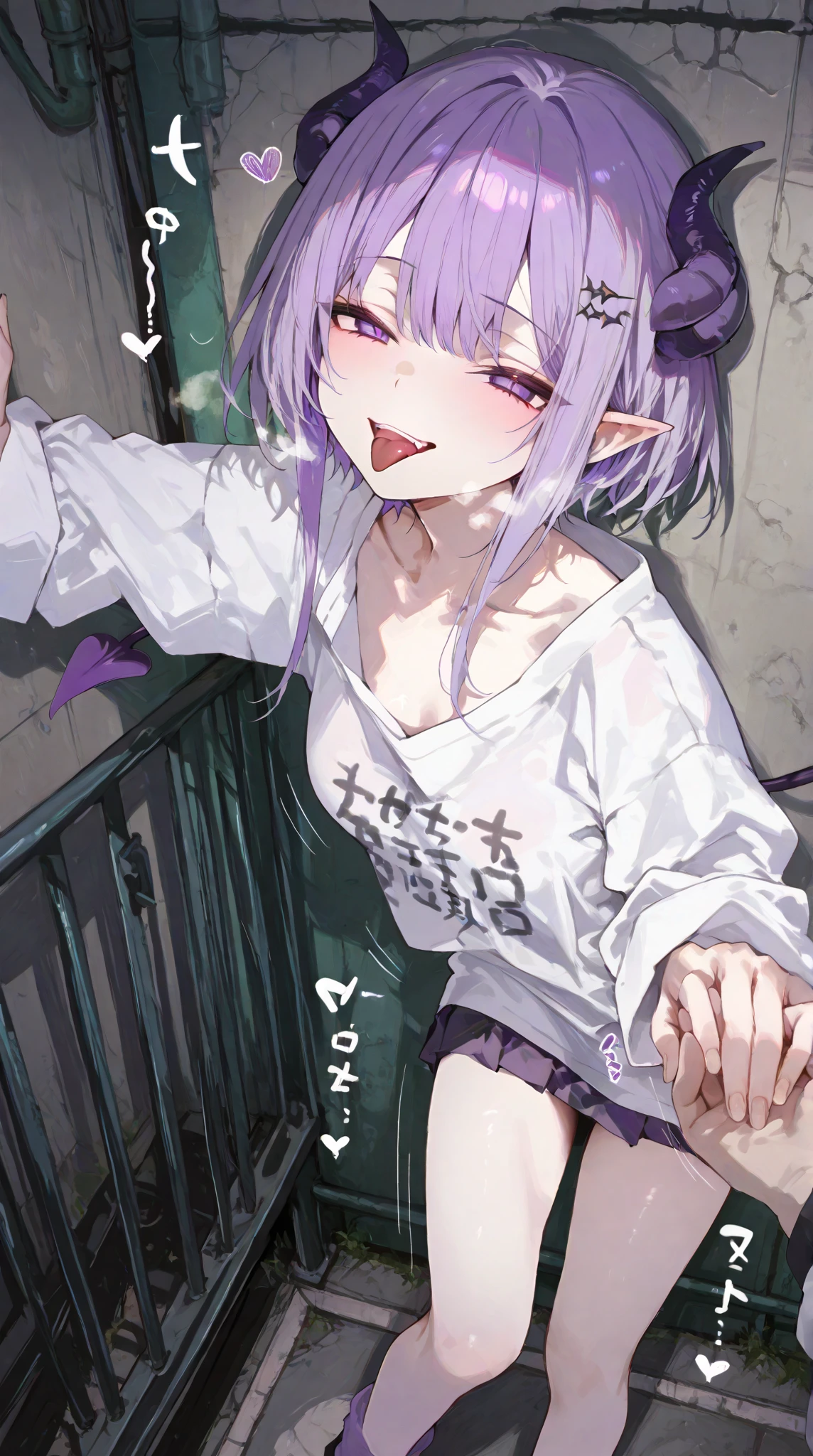 (masterpiece, best quality:1.5), (ultra detailed, high resolution, 8k, beautiful detailed, UHD, best anatomy), 1 cute elf, purple hair, small breasts, business shirt, Flared skirt, Rain soaked my whole body and clothes, Wet from the rain, her underwear is showing through, A troubled expression, outdoors, taking shelter from rain, Bra