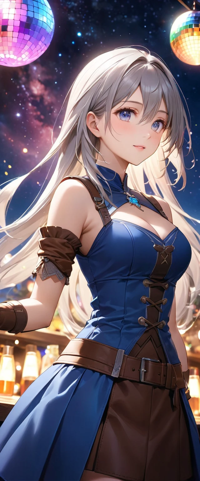 Highest quality, Super quality, 16K, Incredibly absurd, Very detailed, 2.5D, delicate and dynamic, Tavern, Small faint lights and flying fireflies, night, Starry Sky, milky way, nebula, shooting star, Extremely delicate facial expression, Delicate eye depiction, Upper body close-up, sole sexy lady, healthy shaped body, 22 years old lady, final fantacy xvi Jill Warrick, 170cm tall, big firm bouncing busts, white silver long hair, Jill Warrickのコスチューム, blue long skirt, brown leather long boots, Holding a long saber