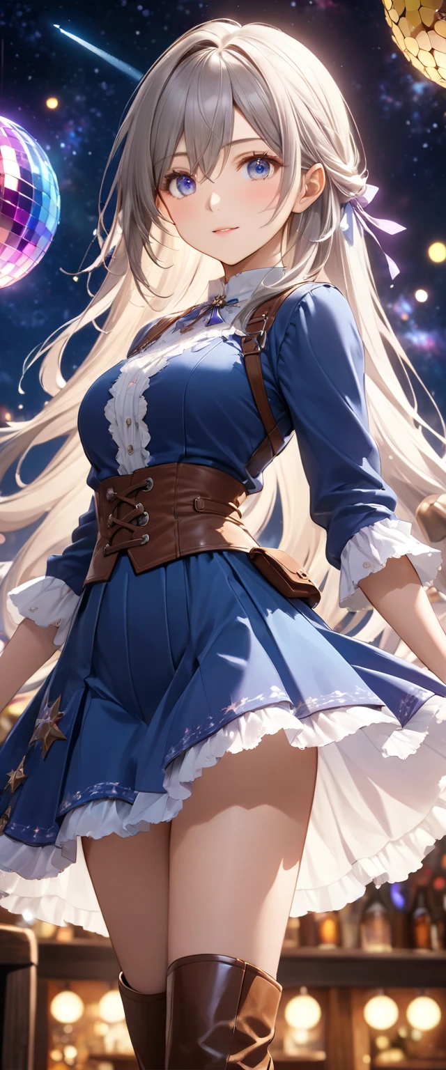Highest quality, Super quality, 16K, Incredibly absurd, Very detailed, 2.5D, delicate and dynamic, battlefield, Small faint lights and flying fireflies, night, Starry Sky, milky way, nebula, shooting star, Extremely delicate facial expression, Delicate eye depiction, Upper body close-up, sole sexy lady, healthy shaped body, 22 years old lady, final fantacy xvi Jill Warrick, 170cm tall, big firm bouncing busts, white silver long hair, Jill Warrickのコスチューム, blue long skirt, brown leather long boots, Holding a long, shining saber