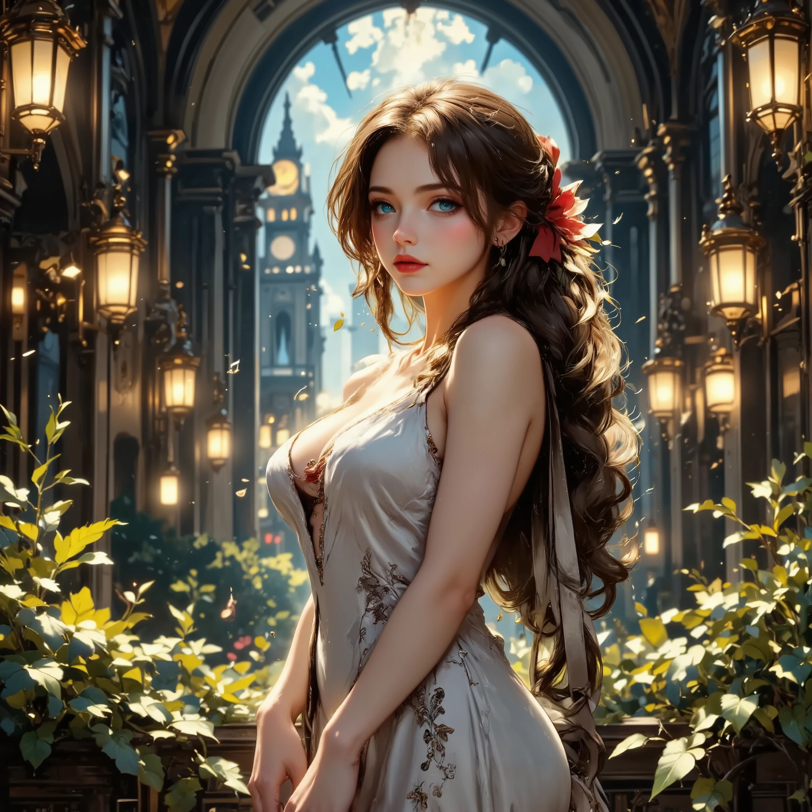 (Diva,melody line,visualized musical notes:2),(cathedral),((Best Quality)),( super high definition),(Super detailed),( detailed description ),((The best CG)),(masterpiece), (medium hair, blue_eyes,short thick neck,Big Breasts,curvy, curvy hip),fantasy ,wide shot