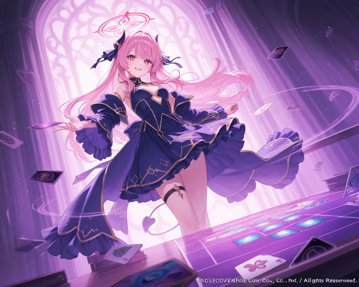 (1 Mature Alchemist,Age 35), ((Pub,guild)),(smile),Dynamic pose,Dynamic Angle,Pose for a photo,From below,Elderly woman、Trading Card Game Frames、Highest Rare、Five Fingers、Signature mark、Big Butt、Pink Hair、Alchemist、Spell Card