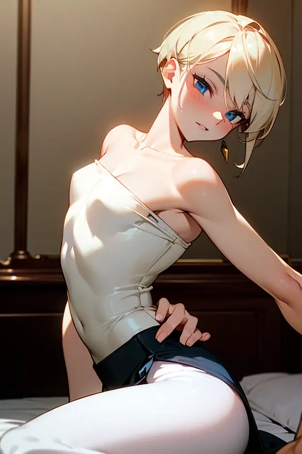 thalia, blonde hair,ponytail, blue eyes, bags under eyes, sidelocks, black dress, white elbow gloves, white thighhighs, black hairband, looking at viewer, serious, tired, 
sitting on massage bed, dark room, extreme detail, masterpiece,  <lora:thalia:.6>