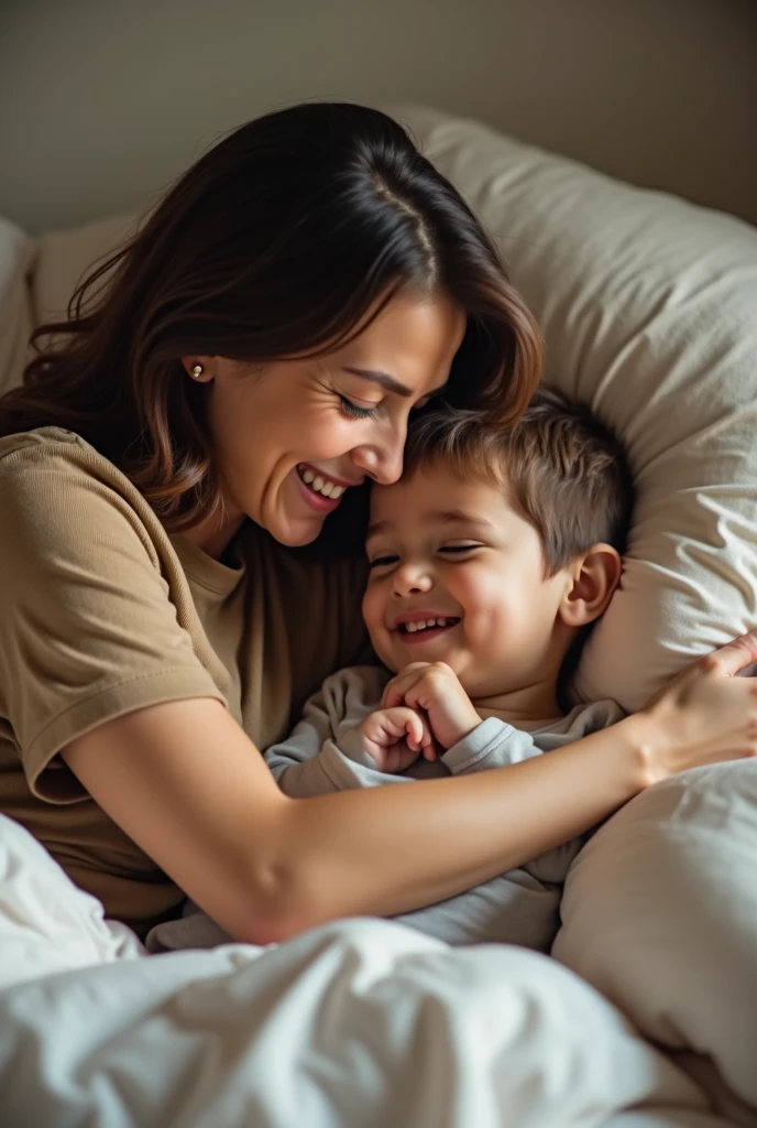 Niked women sitting on bed with son
