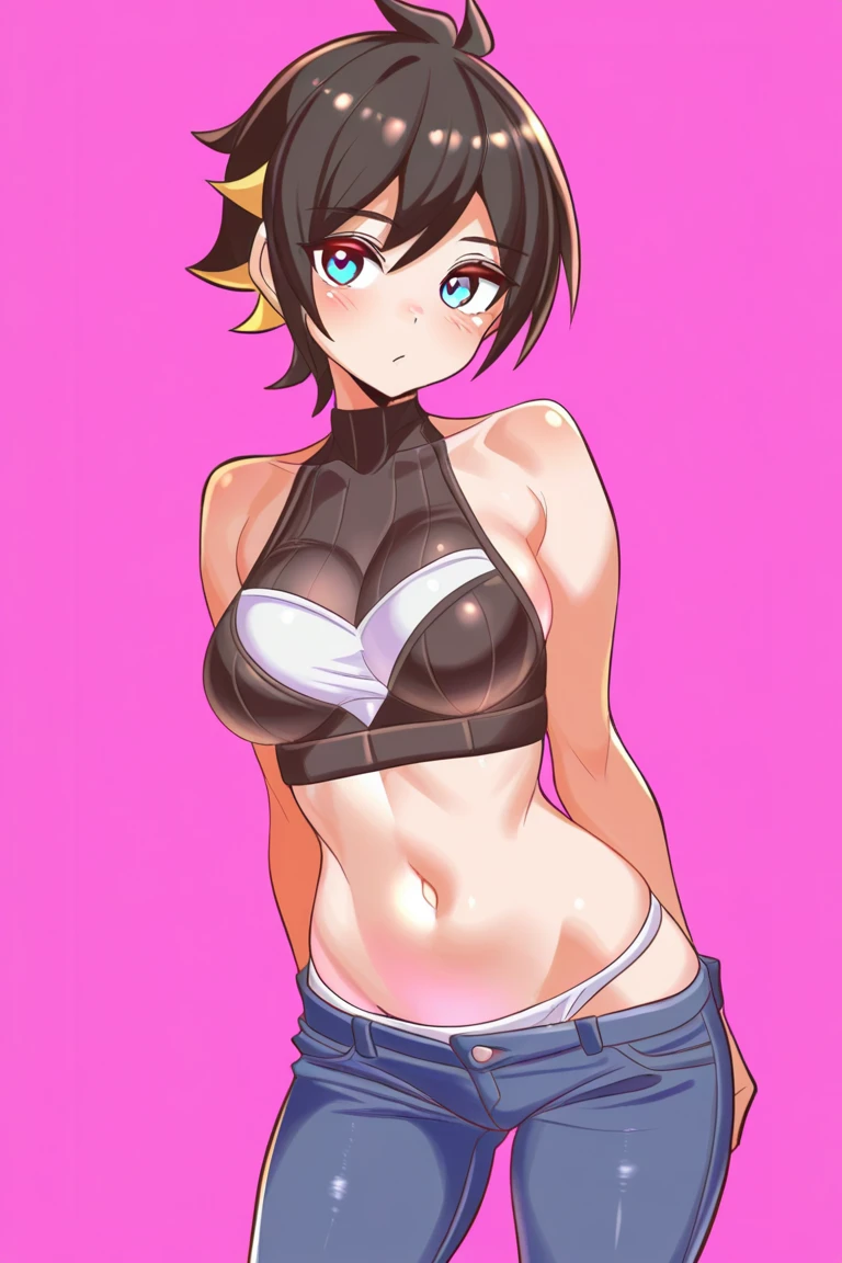 (masterpiece,best quality),(((sideboob,open shorts,open fly))),((hands on hips,highleg,crop top)),(black hair,high ponytail,medium hair),(blush,standing),stomach,midriff,navel,(smile,open mouth,:d),(medium breasts),((eyelashes,brown eyes)),1girl,[toned],beach,bare legs,bare arms,messy hair,looking at viewer,solo,highres