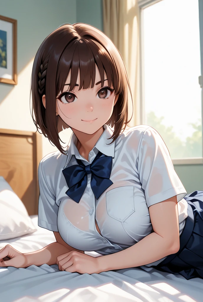 (((pixel perfect, detail perfect))), alone, 1 girl, Misaka Mikoto, tokiwadai , bow, looking at the viewer,, whole body、(Breast Exposure、Nipple exposure、medium breasts))、smile、Tokiwadai Junior High School Uniforms、nose blush,lie down on the bed,White panties、Pull up your skirt